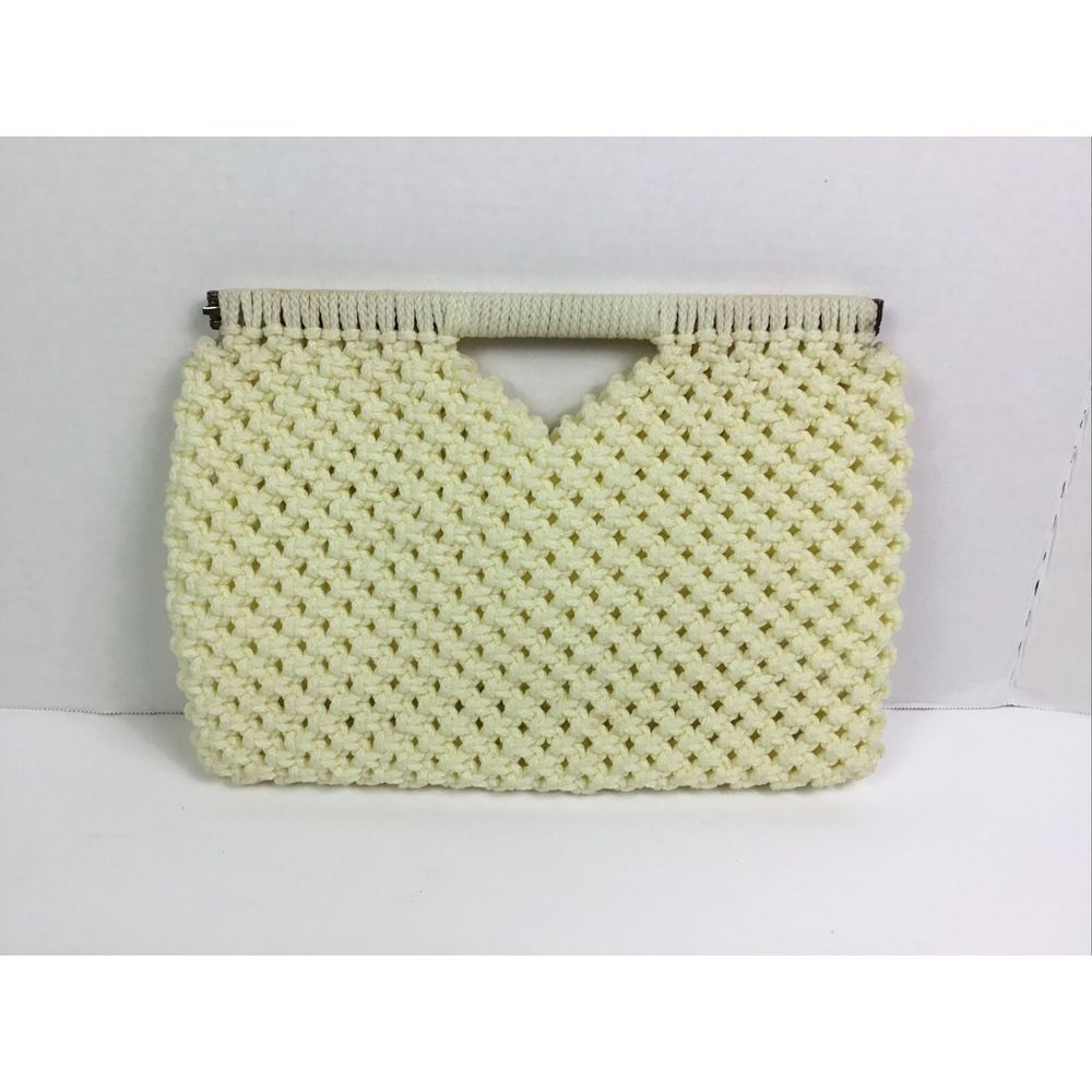 Vintage Macrame Crocheted Handbag Handmade Purse Ivory Pocketbook 13x9 in